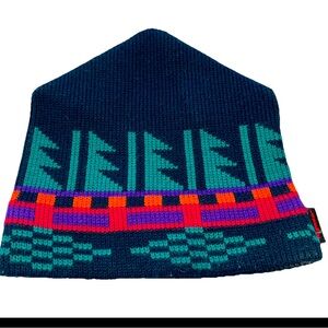 Wigwam Knit CAP winter HAT Blue Aqua Red Orange Shapes tribal Native American OS